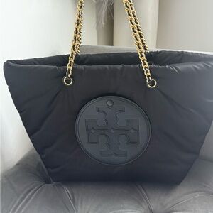 Tory Burch Black and Gold Quilted Nylon Tote